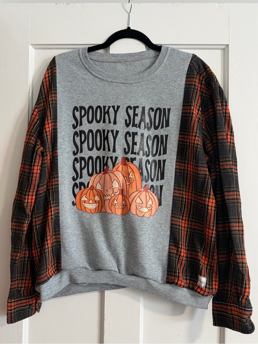 Spooky Season Pumpkin Sweatshirt with Orange Plaid Sleeves Large